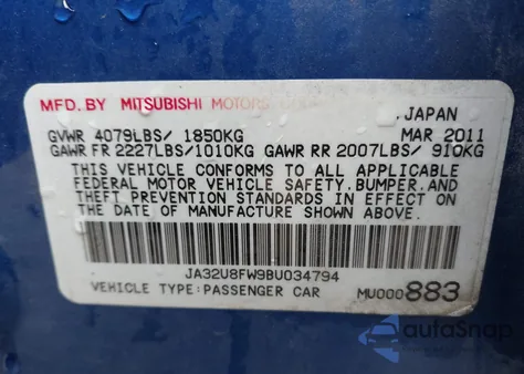 2011 Mitsubishi Lancer Gts from USA, damaged, VIN JA32U8FW9BU034794
